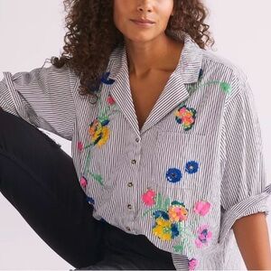 Maeve Striped Floral Button Down Shirt - Black, White, Pink, Blue, Yellow